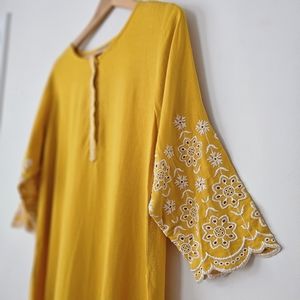 Yellow White Embroidered Pakistani Indian Kameez Tunic Top Dress Kurta New